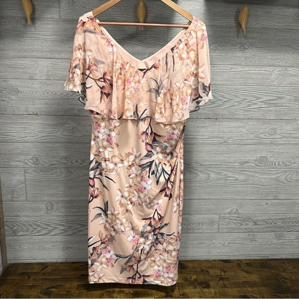 Connected Apparel Floral Formal Dress Womens XL Peach Blush Cape Elegant Flowy